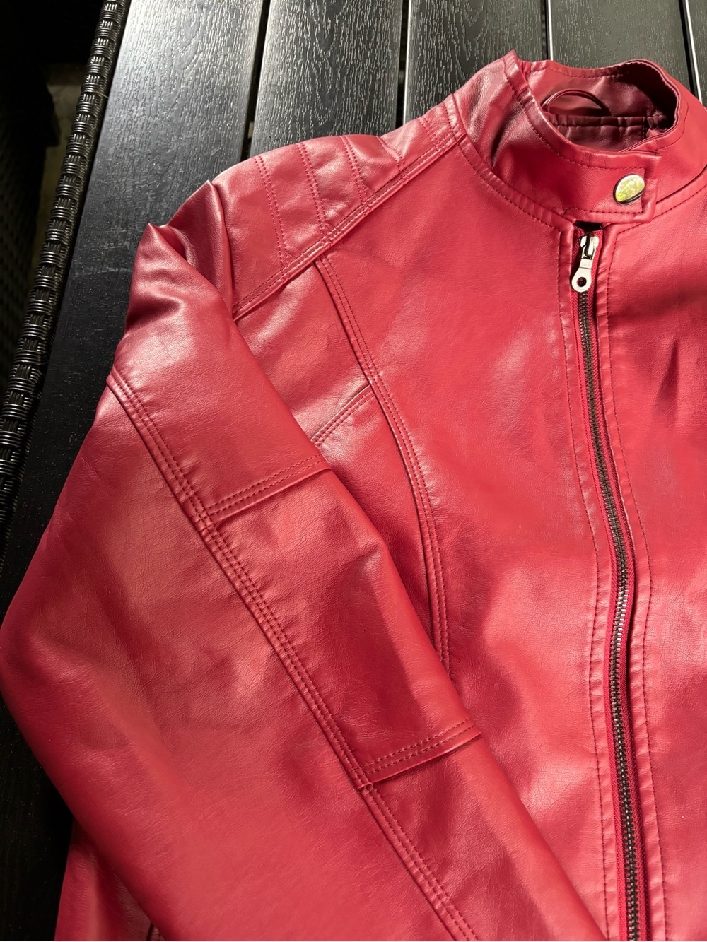 Red Pu Leather Bomber Jacket R1 - Picture 3 of 9